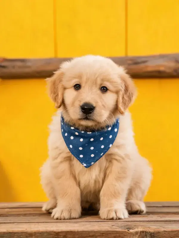 黄色背景前的金毛幼犬特写场景