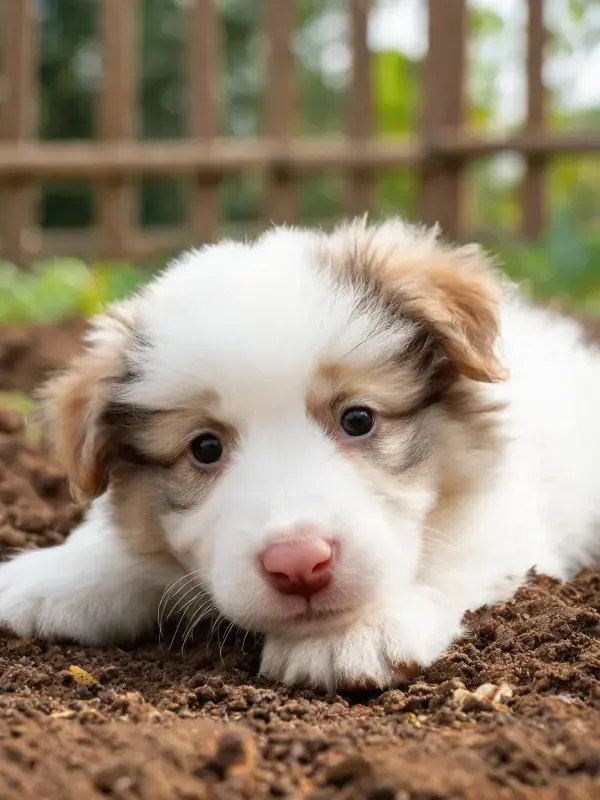户外泥土上白色带棕纹边境牧羊犬幼崽特写