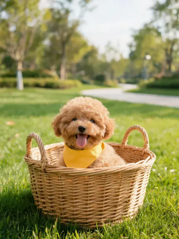 篮中休憩的小型贵宾犬