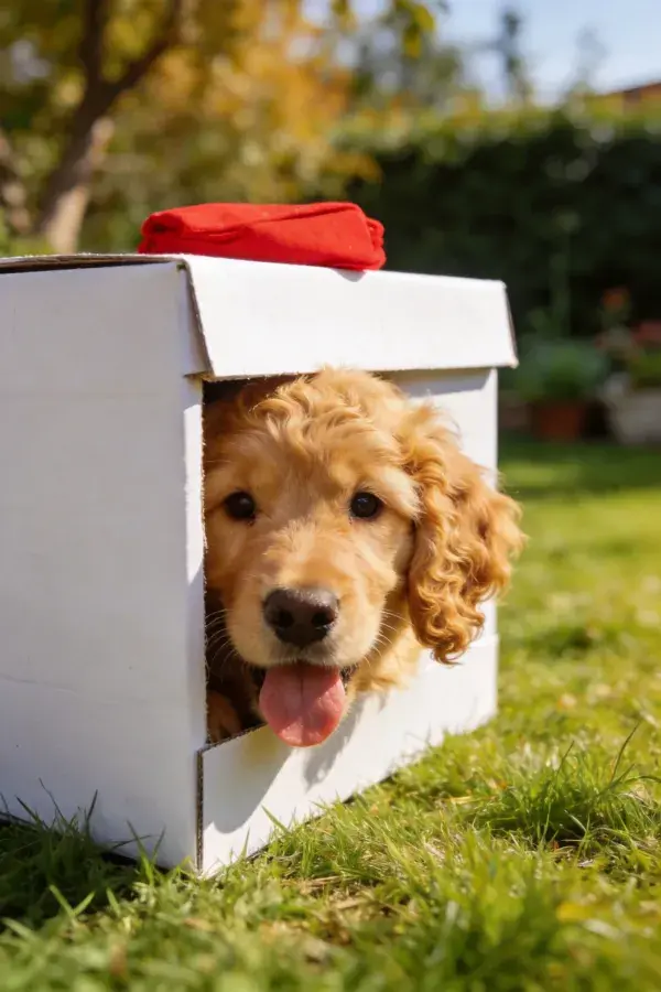 阳光草地上的金毛幼犬纸箱探身
