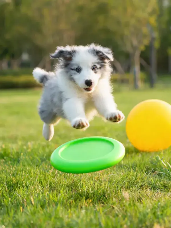 阳光草坪上跳跃的边境牧羊犬幼犬