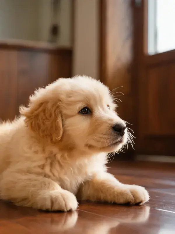 室内木质地板上的金毛幼犬