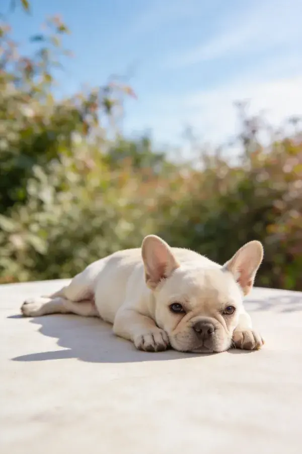 户外平台上的法国斗牛犬幼犬