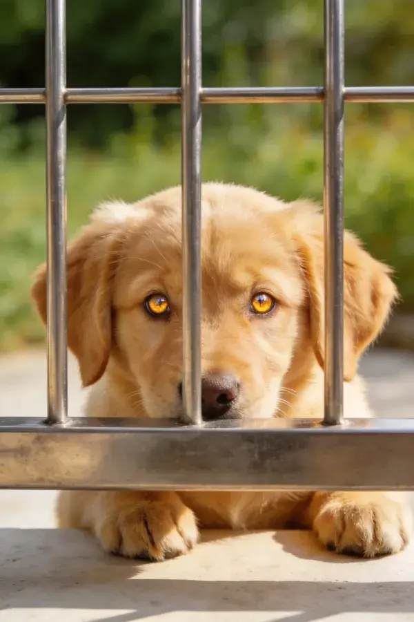 金毛幼犬透过金属栅栏的特写镜头
