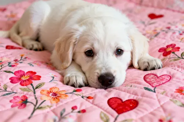 粉色花卉床罩上的金毛幼犬