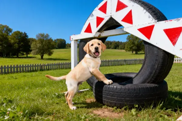 拉布拉多幼犬与户外轮胎互动场景