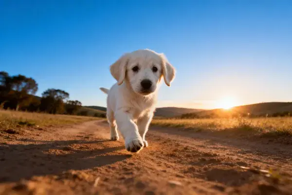 夕阳下土路上的金毛幼犬