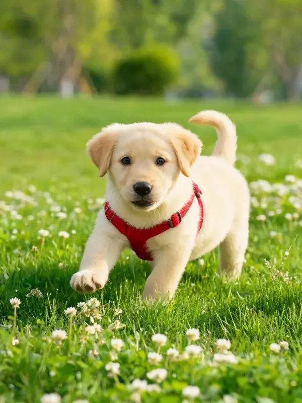 阳光下草地上的黄色拉布拉多幼犬特写