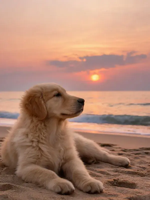 沙滩日落下的金毛寻回犬幼犬特写