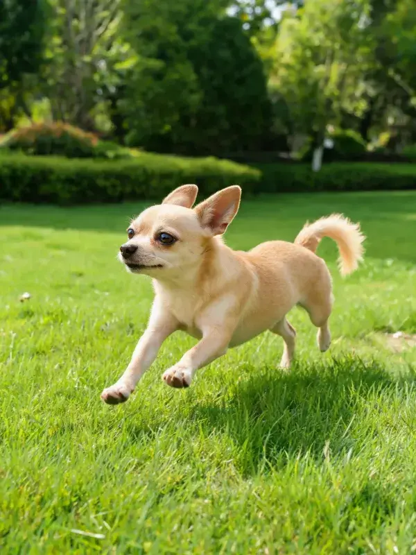 阳光草坪上吉娃娃犬奔跑场景