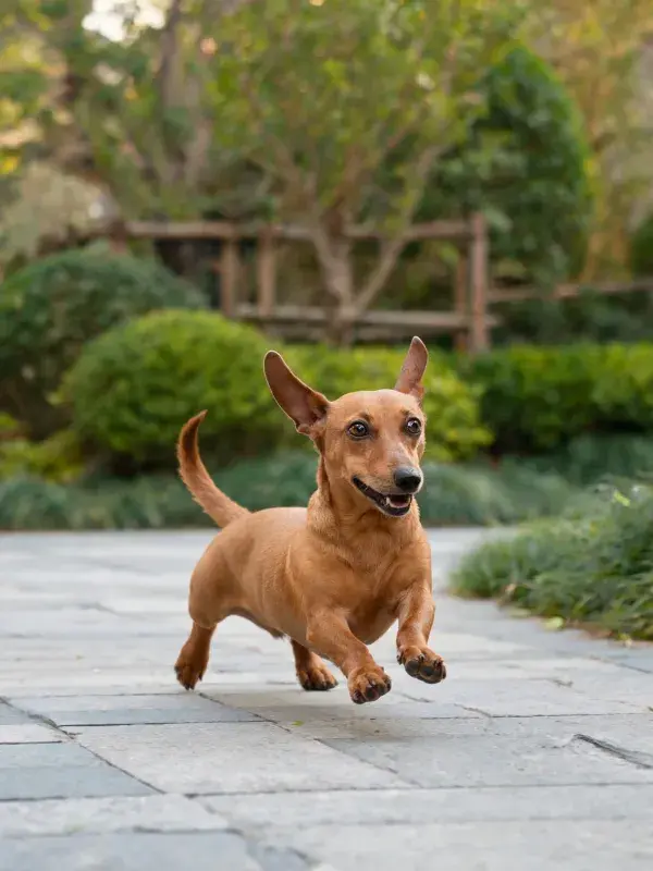 迷你腊肠犬在步道奔跑