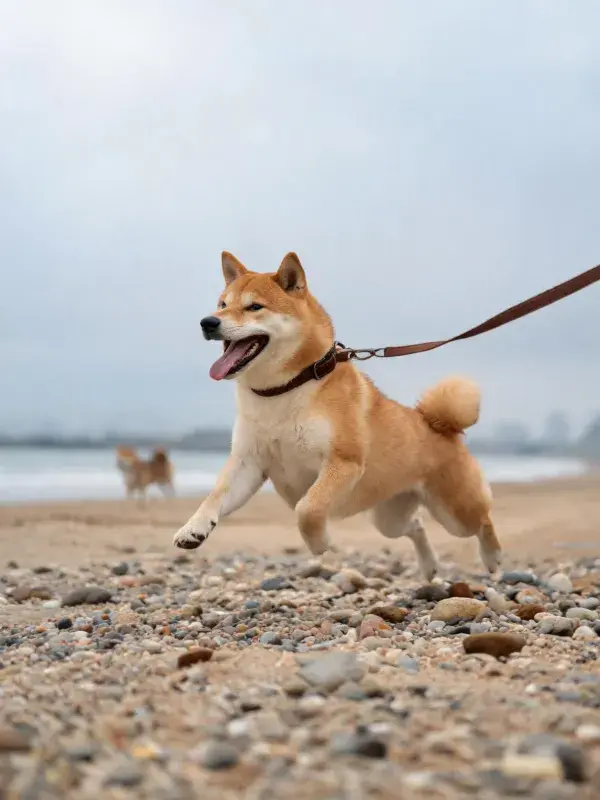 沙滩石子路上柴犬奔跑场景