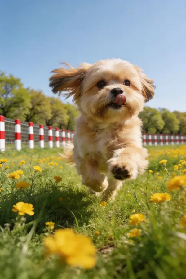 阳光明媚草地上的拉萨犬奔跑姿态