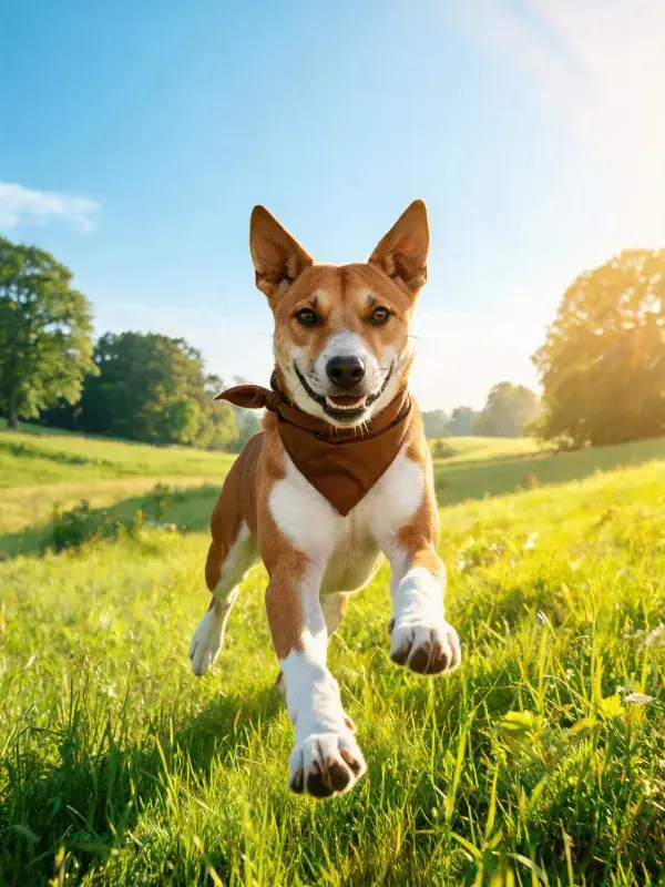 青草地上奔跑的巴森吉犬特写