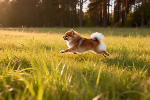 阳光草地上的博美犬跃动瞬间