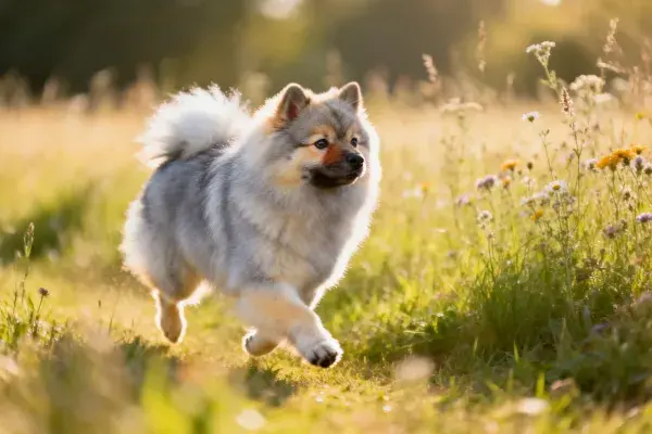 草地中奔跑的荷兰狮犬