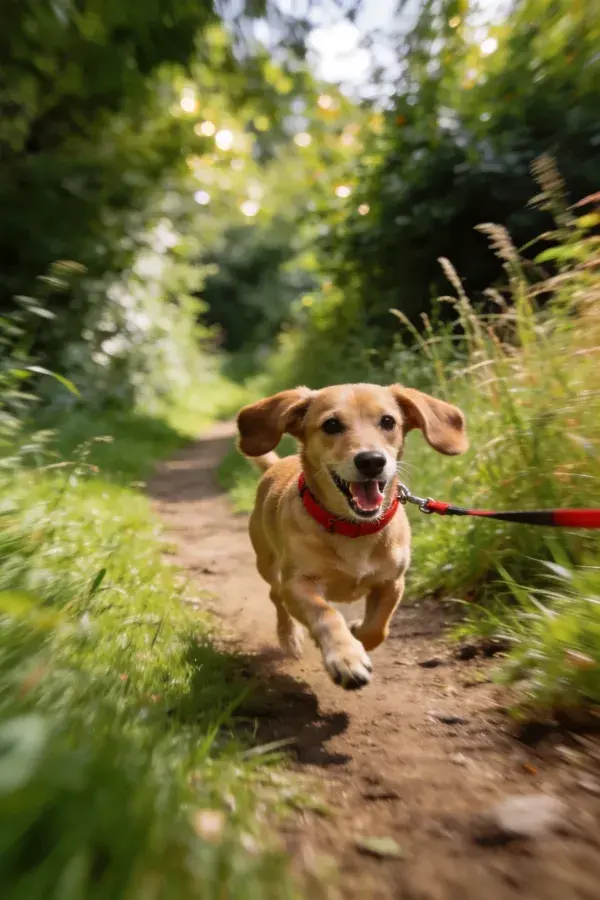 森林小径上的小型混血犬奔跑场景