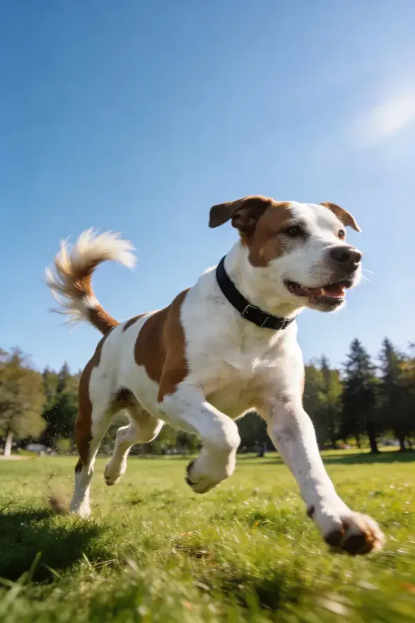绿色草坪上白棕相间狗狗血犬奔跑画面