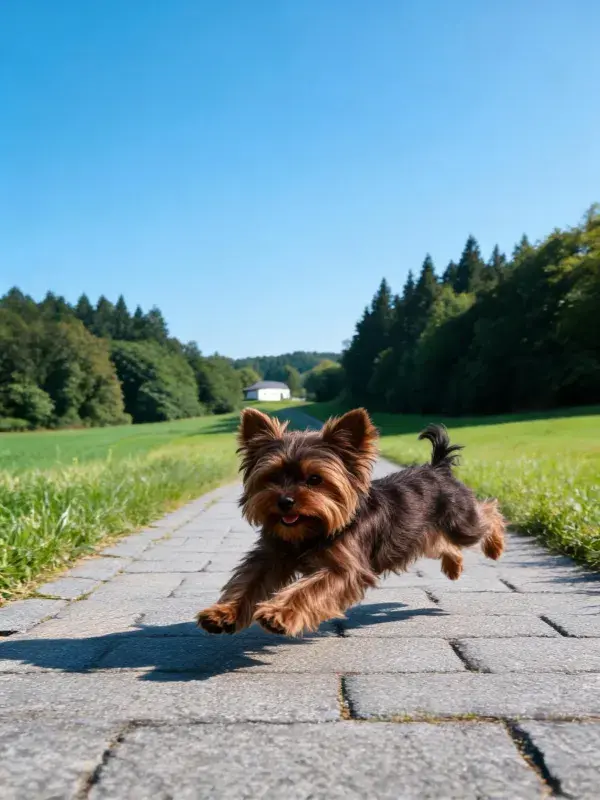 约克夏梗犬在砖石小径奔跑特写