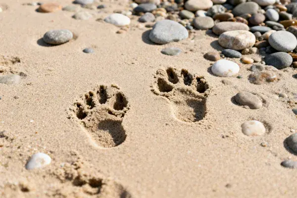 沙滩上的中型犬爪印场景