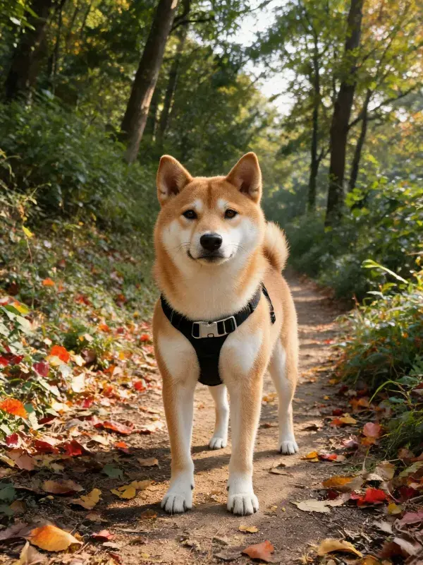 森林步道上站立的小型柴犬