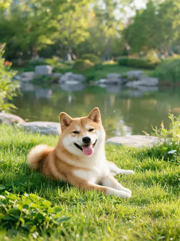 阳光下草坪的柴犬特写