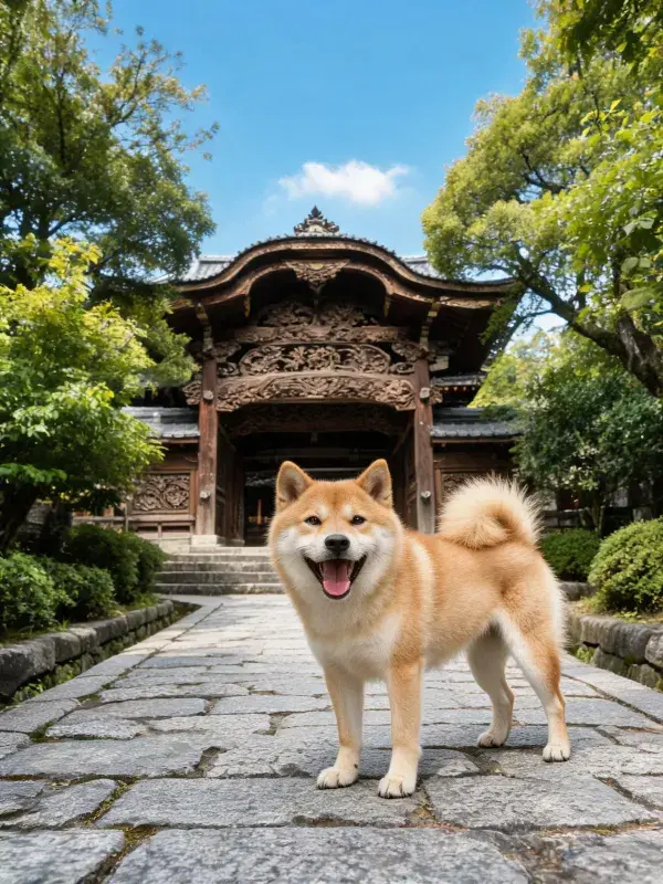 传统古寺前站立姿态的柴犬