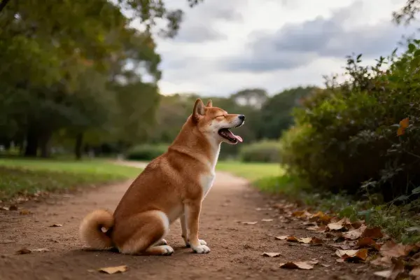 阳光下的公园小径柴犬