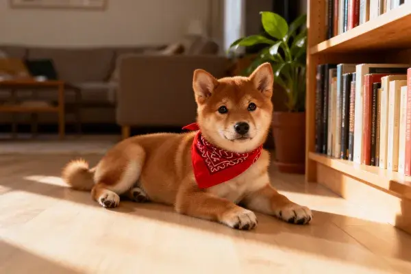 室内书架旁的柴犬幼崽特写