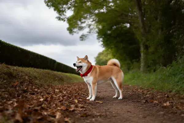 户外林荫小径上的柴犬