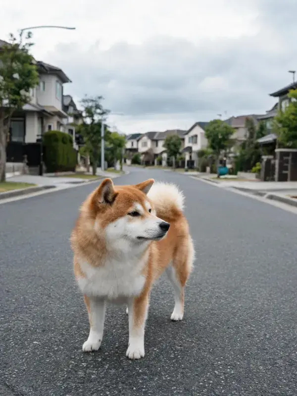 郊区街道上的柴犬特写
