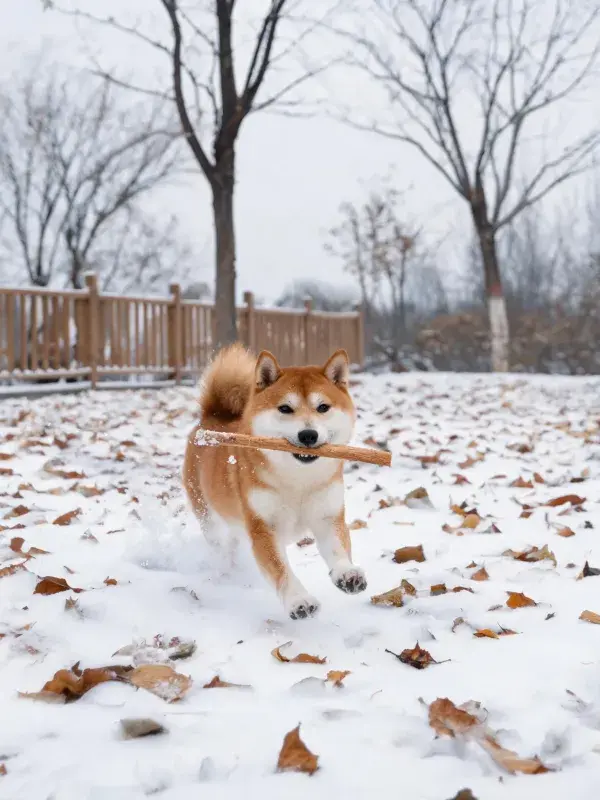 雪地中柴犬叼木棍奔跑场景