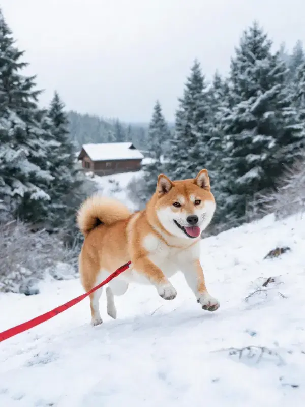 深山雪地中柴犬奔跑场景