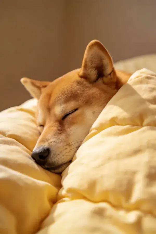 柴犬在暖黄色被褥下安静休息