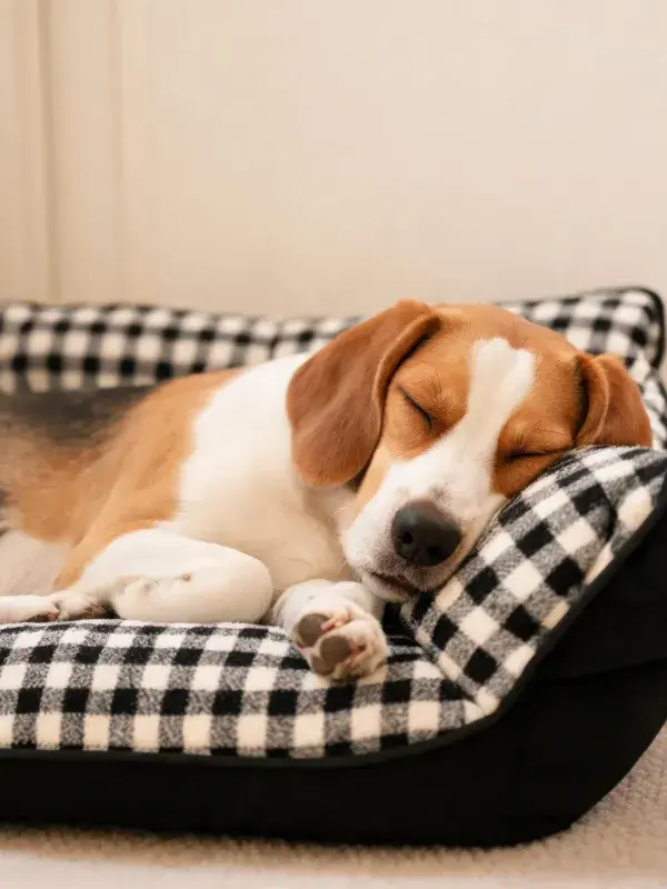 静卧比格犬在格纹宠物床场景