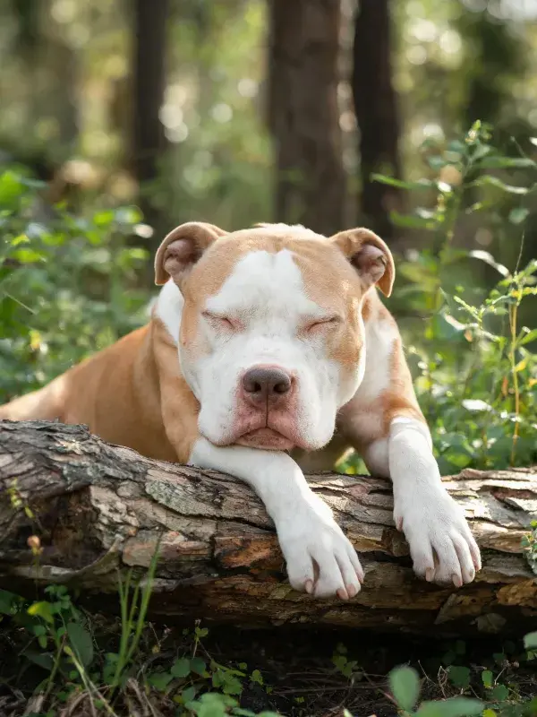 森林间比特犬倚木休憩瞬间