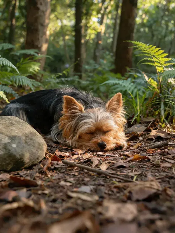 森林里约克夏梗犬休憩瞬间
