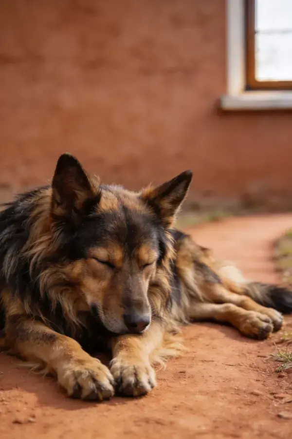 红土上闭眼休憩的德国牧羊犬