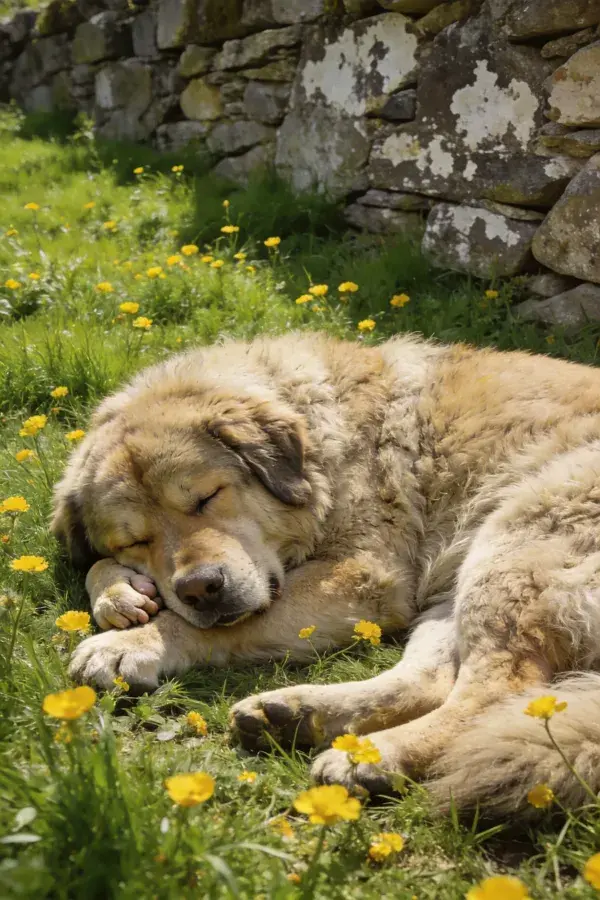 青草地上休憩的高加索犬