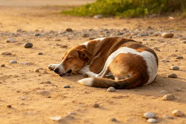 棕白相间的混种犬在砂石路面休憩