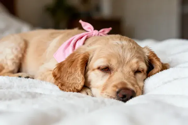 可卡犬在柔软床铺上的休憩画面