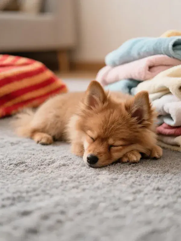 博美幼犬在室内地毯上的睡眠场景