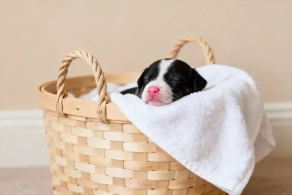 黑白相间的幼犬在藤编篮中休息的场景