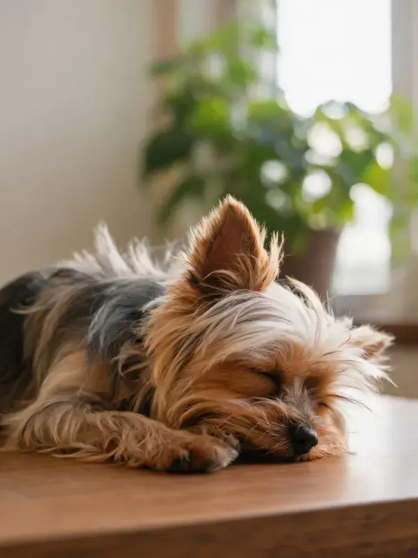 室内木质桌面上的约克夏梗犬休憩状态