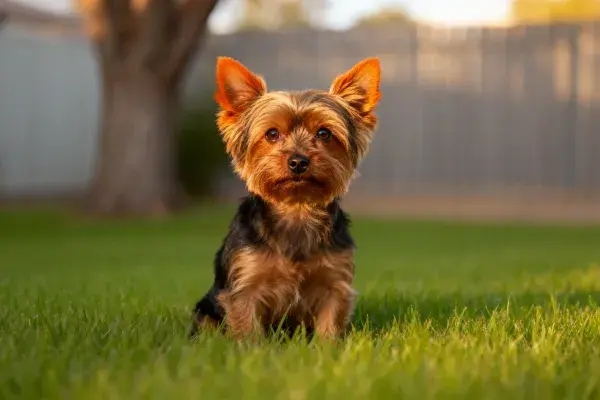 阳光下草坪上的约克夏梗犬