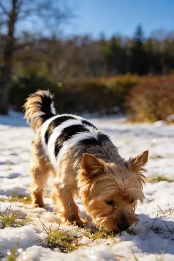 诺福克梗犬在雪地中嗅探场景