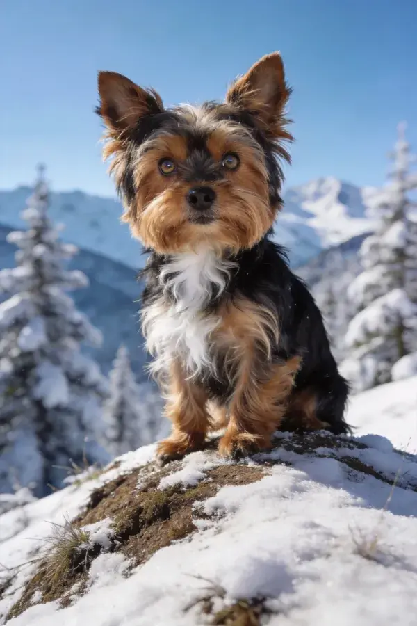黑棕白相间的约克夏犬于雪山岩石处特写