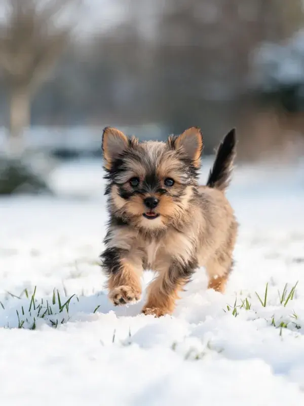 雪地中奔跑的约克夏犬幼崽特写