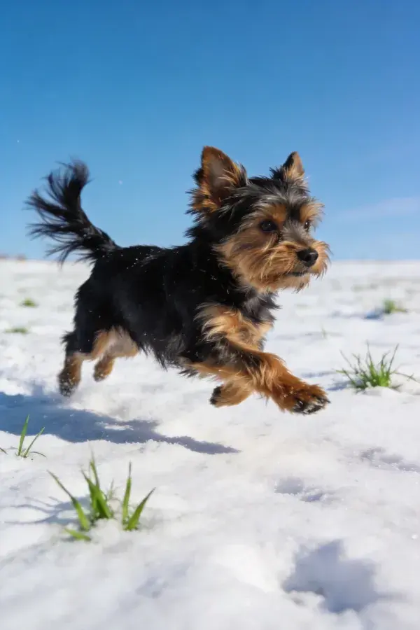 雪地中奔跑的约克夏梗犬