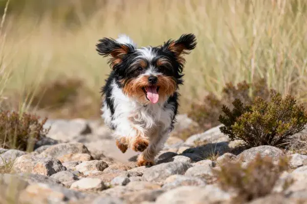 户外碎石路上的小型混种犬